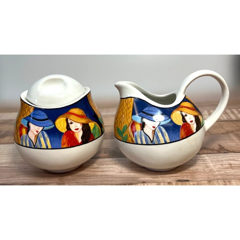 Hand-Painted Ceramic Creamer & Sugar Set With Colorful Lady Design - Unique & Fu